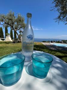 伊斯基亚Agapanto Luxury Accommodation的两个蓝色碗和一张桌子上的瓶子