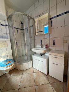 赫亨基尔兴Ferienbungalow Zum Anleger 3的带淋浴、盥洗盆和卫生间的浴室