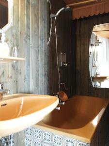 阿尔陶塞Alpenpension的带浴缸和盥洗盆的浴室