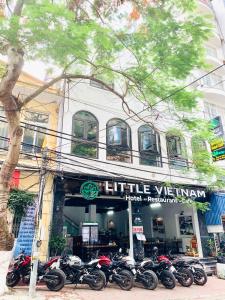 吉婆岛Little Vietnam Hotel - Cát Bà的停在大楼前的一排摩托车