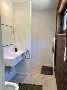 LilleOsbos chalets的白色的浴室设有水槽和淋浴。
