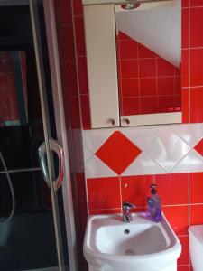 比耶洛波列Sve u jednom的浴室设有水槽、镜子和红色瓷砖