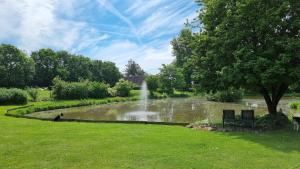 KværndrupVærelse, spiseområde, tv-stue og eget bad på landet的公园中央的喷泉池塘