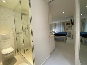 巴黎巴黎运河一室公寓 - 巴黎东站的带淋浴和卫生间的浴室以及一间卧室。