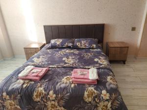 伊斯梅尔雷SUNRISE Guest House的一间卧室,配有一张带两个袋子的床
