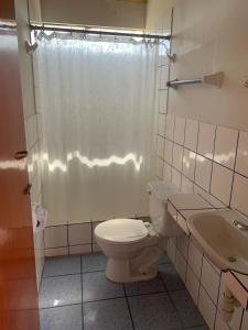 帕拉卡斯Hostal El Amigo的浴室配有卫生间、淋浴和盥洗盆。