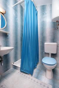 普利兹巴Apartment Prizba 9227c的浴室配有蓝色的浴帘和卫生间