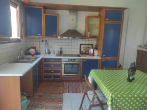 卡图亚该亚Niforeika panorama的厨房配有蓝色橱柜和带绿色桌布的桌子。