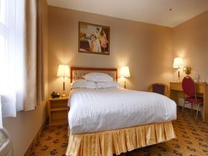 皇后区发达盛大酒店的酒店客房设有一张大床和一张书桌。