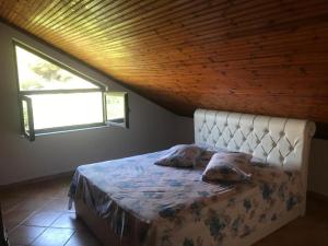 SakësAragosta Shengjin的一间卧室设有一张带木制天花板和窗户的床。