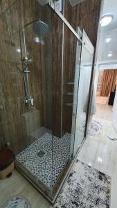 TürkistanKERUEN SARAY APARTMENTS 6/2的浴室里设有玻璃门淋浴