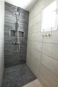 勒唐蓬Villa Pitaya的带淋浴的浴室和玻璃门