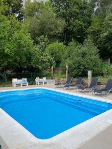RasinesVillaMerceditas的一个带椅子和树木的大型蓝色游泳池