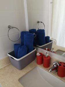 康康Tranquilo y Acogedor departamento en Con Con的浴室设有水槽旁的蓝色毛巾托盘