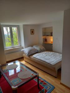 BidognoCasa di vacanza in Capriasca ( Lugano )的一间卧室配有一张床和一张玻璃桌