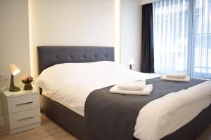 伊斯坦布尔Scope Apartment的一间卧室配有一张大床和两条毛巾