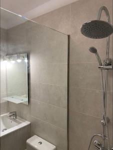 圣克鲁斯-德特内里费阿特兰提大公寓的带淋浴、卫生间和盥洗盆的浴室