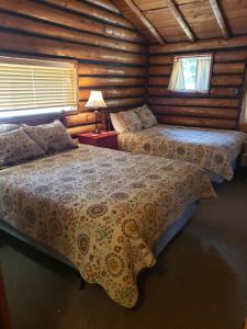 加德纳Yellowstone Hot Springs Resort的小木屋内一间卧室,配有两张床