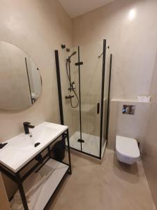 巴塞罗那洛桑酒店的带淋浴、盥洗盆和卫生间的浴室