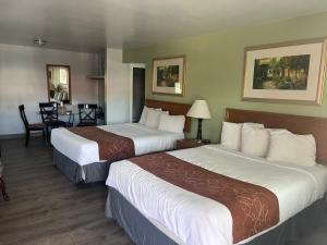 杜兰戈杜兰戈阿都比酒店的酒店客房设有两张床和一张桌子。
