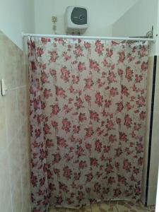 克里穆图ANDY'S LODGE KELIMUTU的浴室内带花卉图案的浴帘