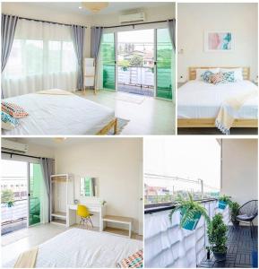 素可泰100sqm 2 bed apartment Sukhothai City的卧室和床的四幅相拼图