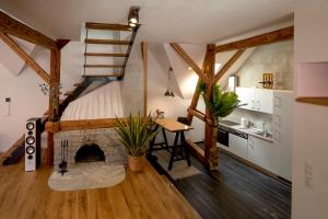 穆劳Studio Loft Murau - im Herzen der Altstadt的阁楼卧室设有1张床和壁炉