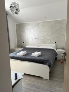 阿尔杰什河畔库尔泰亚pensiunea ALBERO的卧室配有一张带黑色床单的大型白色床。