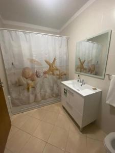 弗雷舒德埃什帕达阿辛塔Congidouro的浴室配有淋浴帘和盥洗盆。