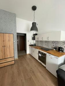 奥斯特罗达Mini apartament Ostróda的厨房配有白色橱柜和木制台面