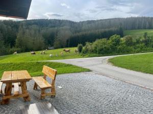 PinsdorfFerienwohnung ,Hoizmann`的路边的野餐桌和长凳