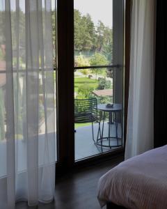 GnedinTITA Family House的一间卧室设有一张床和一个美景窗户。