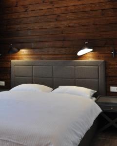 GnedinTITA Family House的床上有2个白色枕头,上面有2盏灯