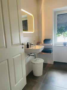 IrxlebenStudio-Apartment Hohe Börde的一间带水槽和卫生间的浴室以及窗户。