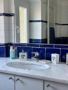 热那亚MOONLIGHT IN BOCCADASSE (cod.Citra:010025-LT-2349)的蓝色和白色的浴室设有水槽和镜子