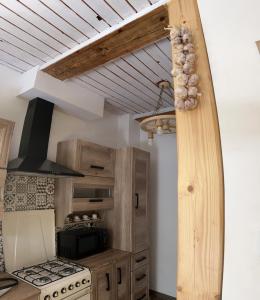 KrynkiOzierański Raj "Pod rzeźbami"的厨房配有木制橱柜和炉灶。