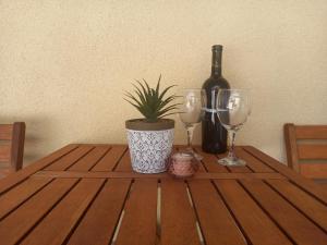 卡什泰拉Apartman Maja的一张桌子,上面放着两杯酒,上面放着植物
