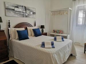 纳扎雷Casa da Zira II - Vista de Mar的一间卧室配有一张大床和蓝色枕头