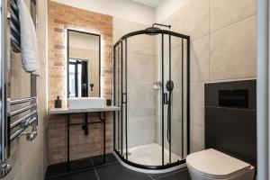 布达佩斯Vaci Boutique Loft Suites, Best Location by BQA的带淋浴、卫生间和盥洗盆的浴室