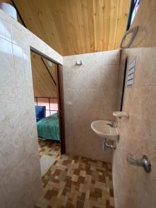 苏埃斯卡Hospedaje Villa Rosita Suesca的一间带水槽的浴室和一间带床的房间
