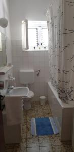 泰斯Seaside holiday house Nemira, Omis - 9504的一间带卫生间和淋浴帘的浴室