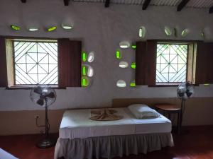 MéridaFinca Mystica的一间卧室设有一张床和两个带绿色镜子的窗户。