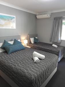 卧龙岗Solomon Inn Motel Figtree的一间卧室配有两张带蓝白色枕头的床