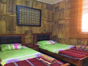 Pelaman Sodoh婆罗洲部族村（BTV）山林小屋的木墙客房的两张床