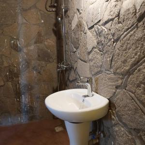 KatunguruSongbird Safari Lodge & Campsite的一间带水槽和石墙的浴室