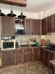 卡缅涅茨-波多利斯基Family ЛюКс的厨房配有木制橱柜和不锈钢用具