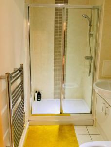 沃金Cloud9SA at Woking Central的浴室里设有玻璃门淋浴