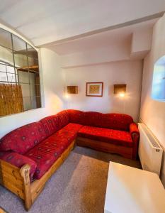 奇强卡Agro - Dom Wsrod Lasow的一间客厅,客厅里设有红色沙发