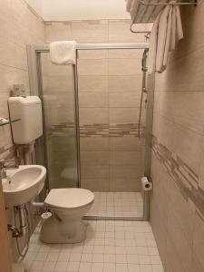里米尼Hotel Aron的带淋浴、卫生间和盥洗盆的浴室
