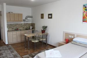 SăcueniVILA ONIX的客房设有一张床和一间带桌椅的厨房
